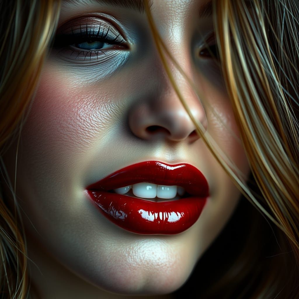 Sultry, Hyper-Realistic Portrait with Cobalt Blue Eye and Ru...
