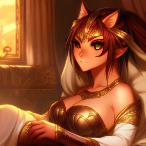 Whimsical Pharaoh Cat Girl Basks in Sunrise Glory