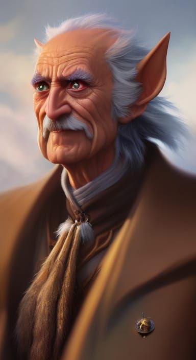 Fantasy realism of a very tiny old hairy wizard elf With eyes of wisdom, grinning