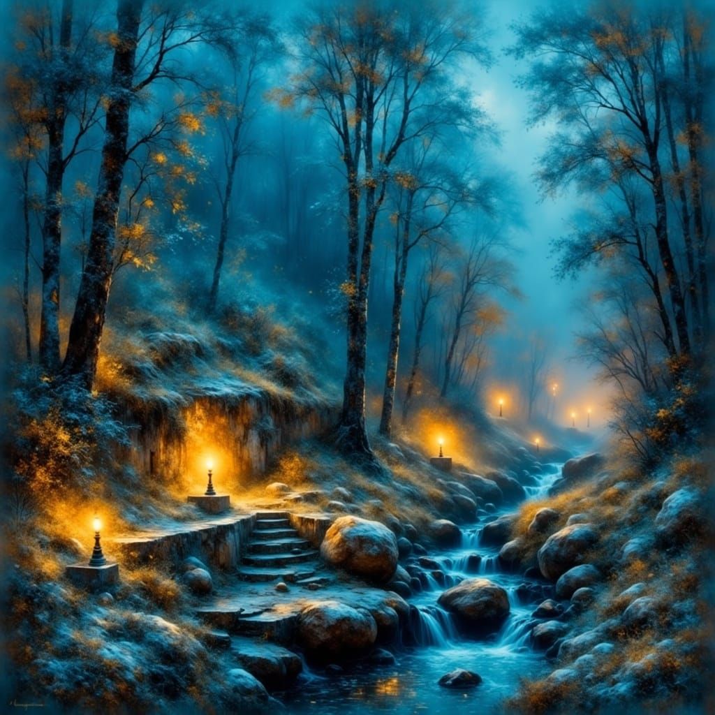 Ethereal Forest Path to Waterfall: Oil Painting