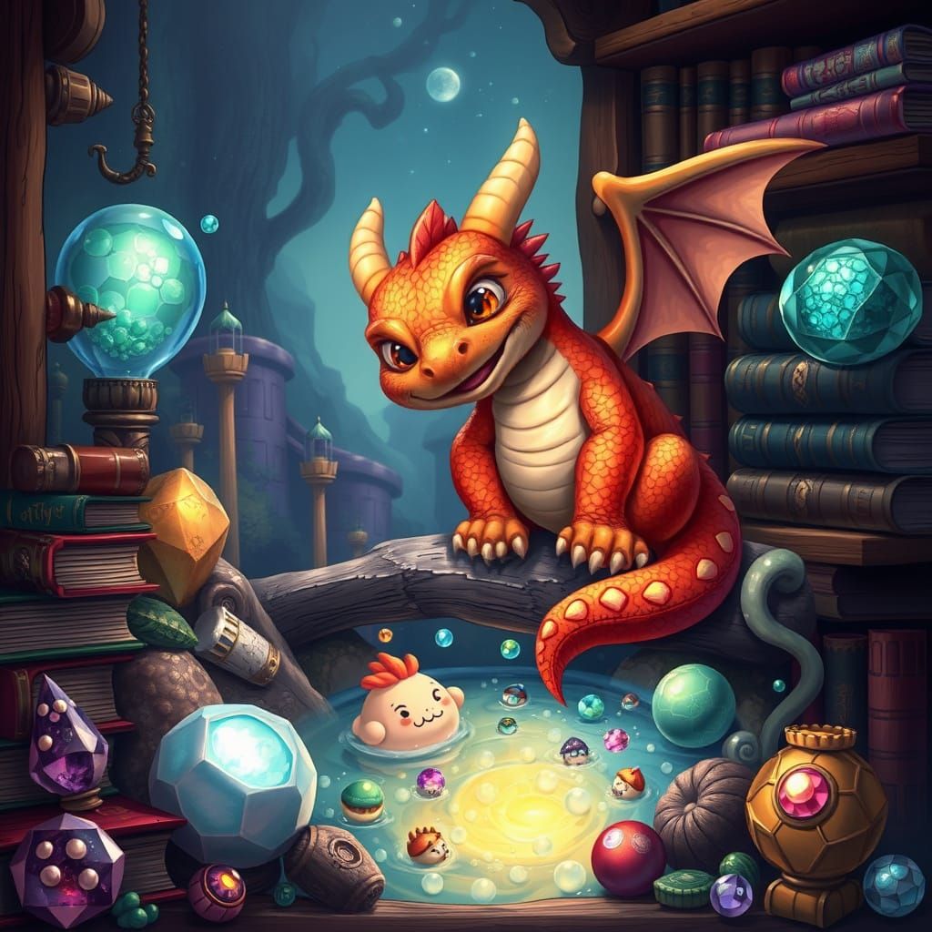 Whimsical Dragon Discovers Enchanted Pond in a Treasure Trov...