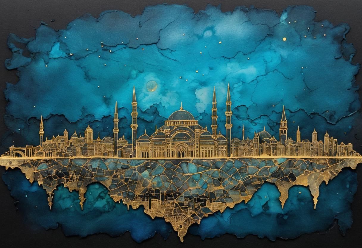 Istanbul Skyline at Sunset in Whimsical Watercolor Style