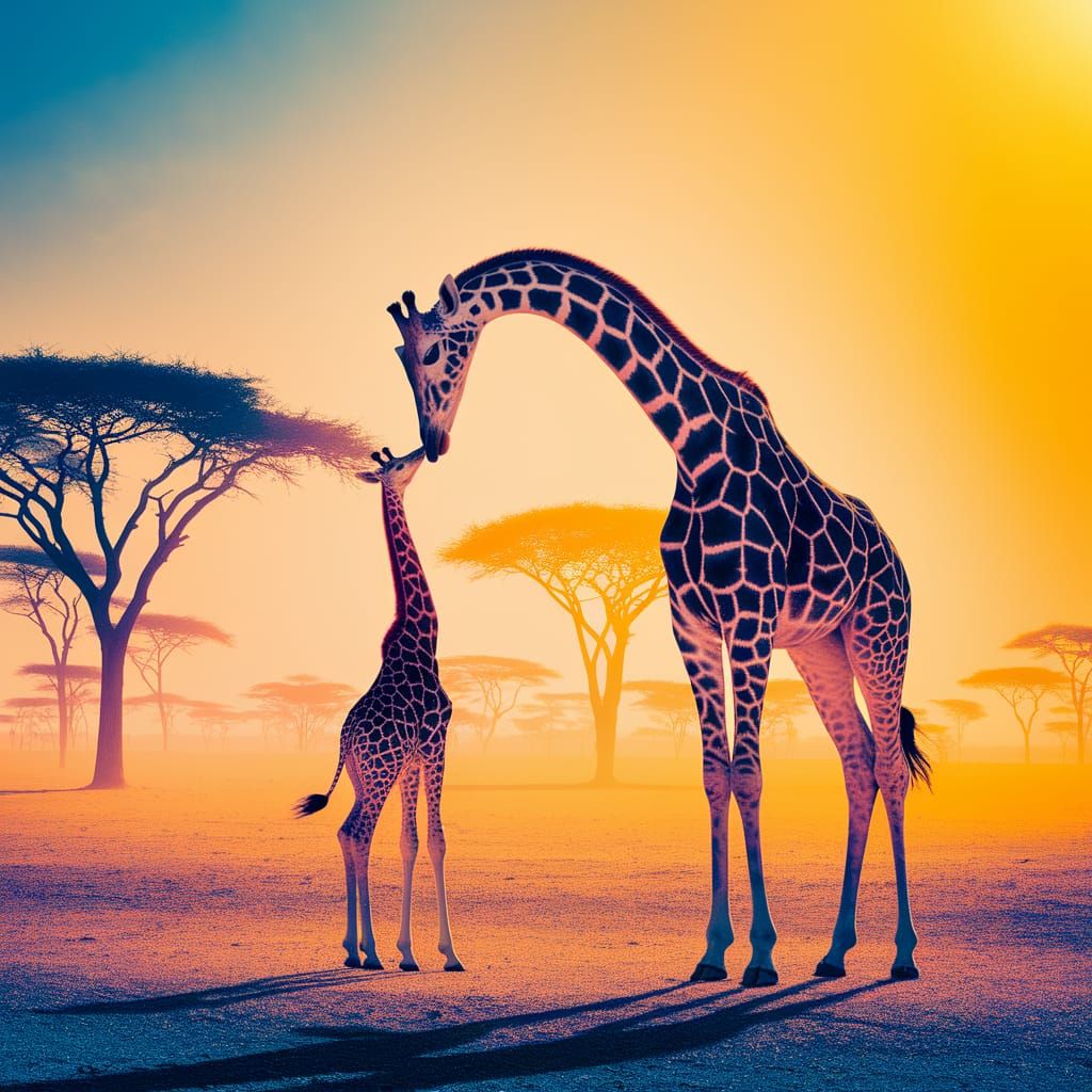 Giraffe Father and Baby: Hypermodern Silver Nitrate Photo