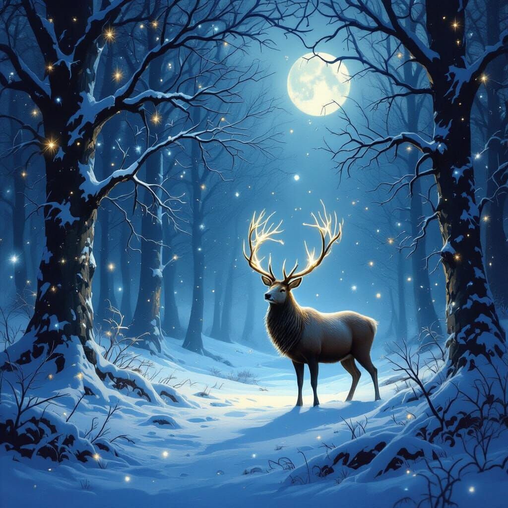 Mystical Snowy Forest with Glowing Stag