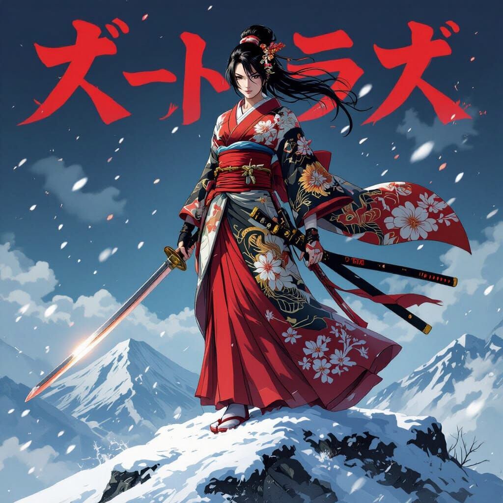 Geisha Warrior on Snowy Peak in Anime Style