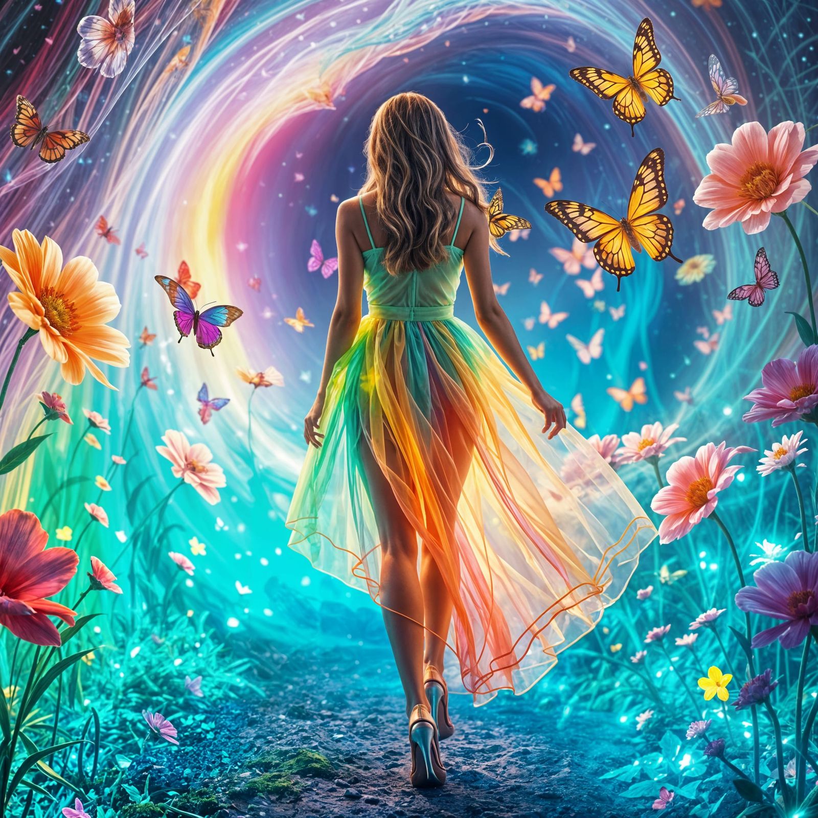 Rainbow Goddess Emerges in Vibrant Fantasy Landscape