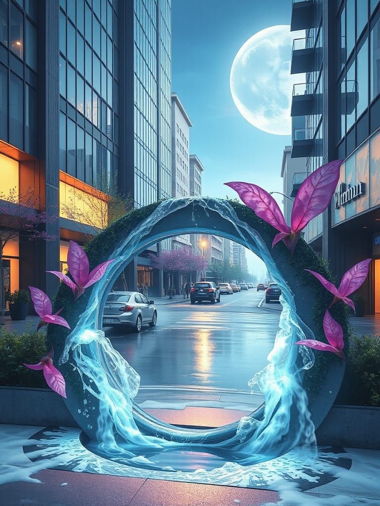 Magical Portal Opens in City Street, Watercolor Style