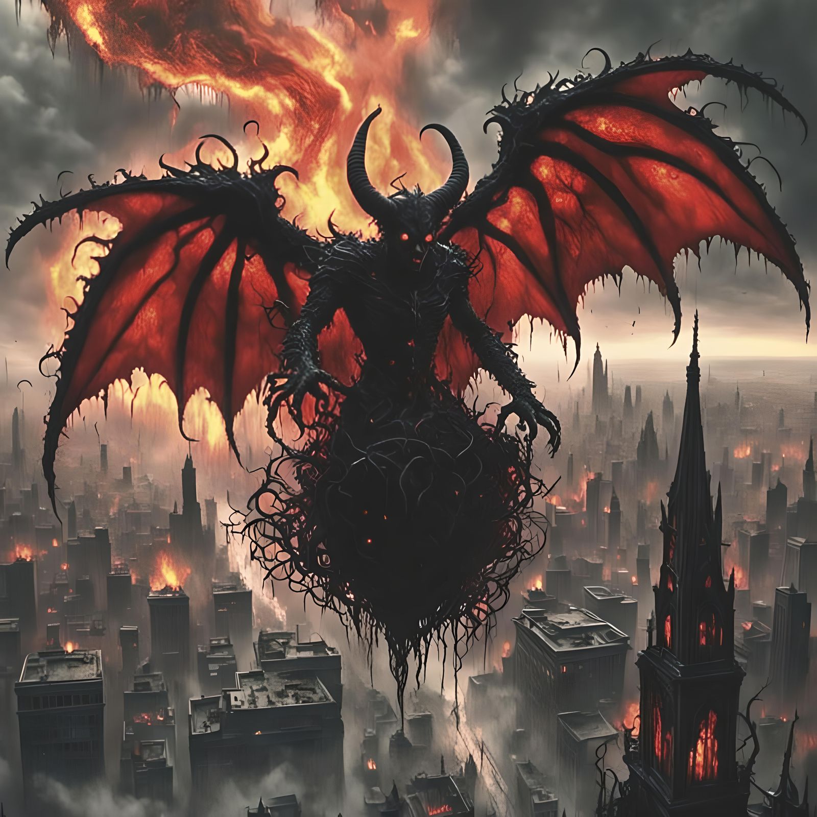 Demonic Chaos Descends as Satan Soars Over a City in Flames