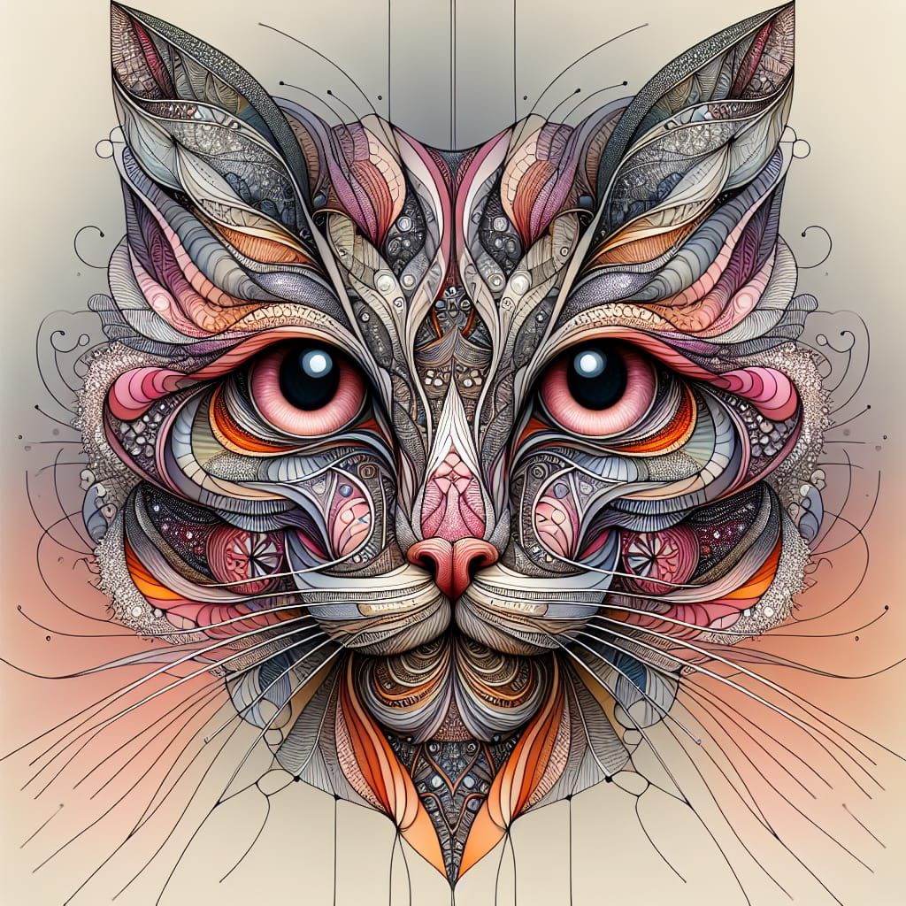 Whimsical Surrealist Feline Portrait in Pastel Hues