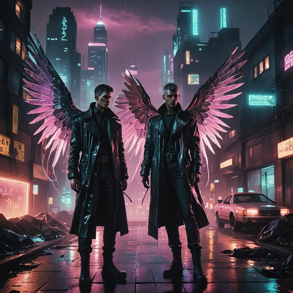 Angels in Cyberpunk Cityscape