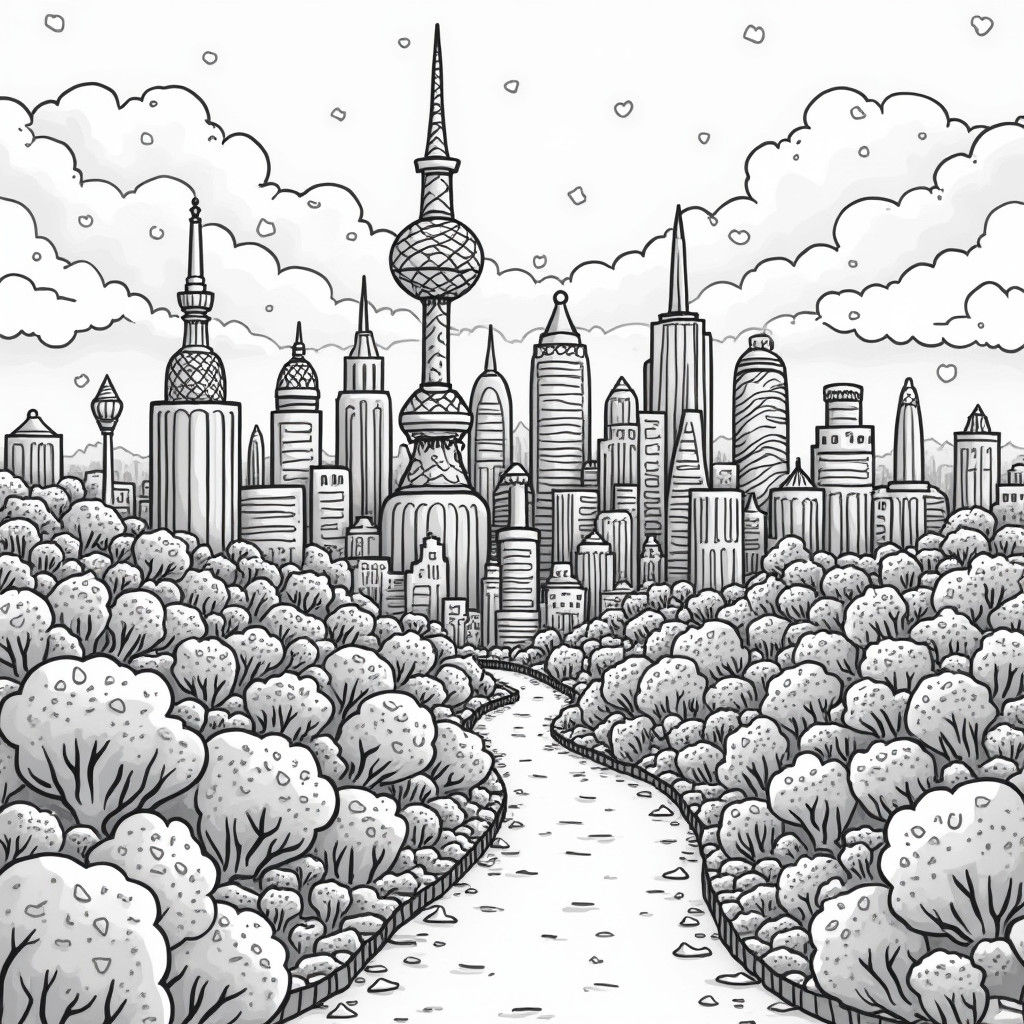 Whimsical Monochrome Cityscape in Candy Art Style