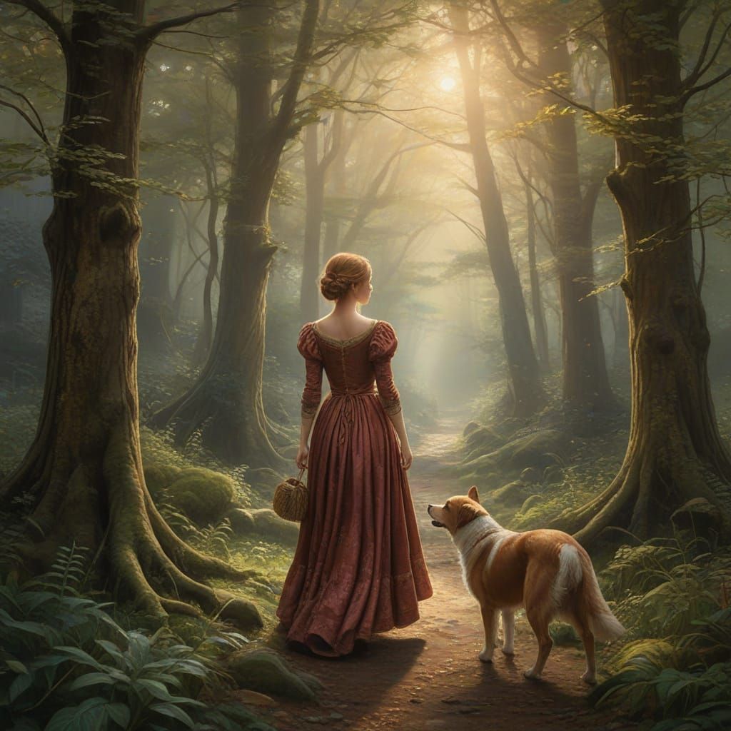 16th Century Woman With Dog in Misty Forest Oil Painting