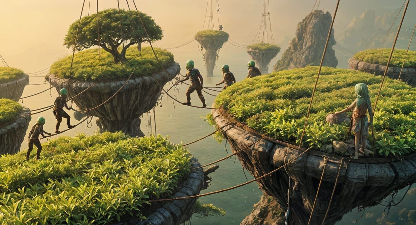 Alien Farms on Floating Islands with Rope Bridges