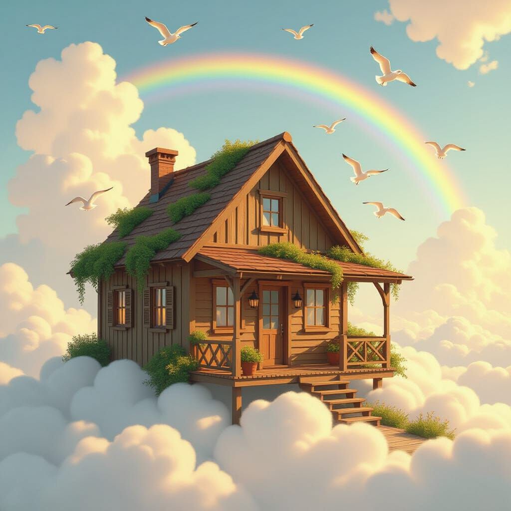 Dreamy Cloud House with Rainbow Sky