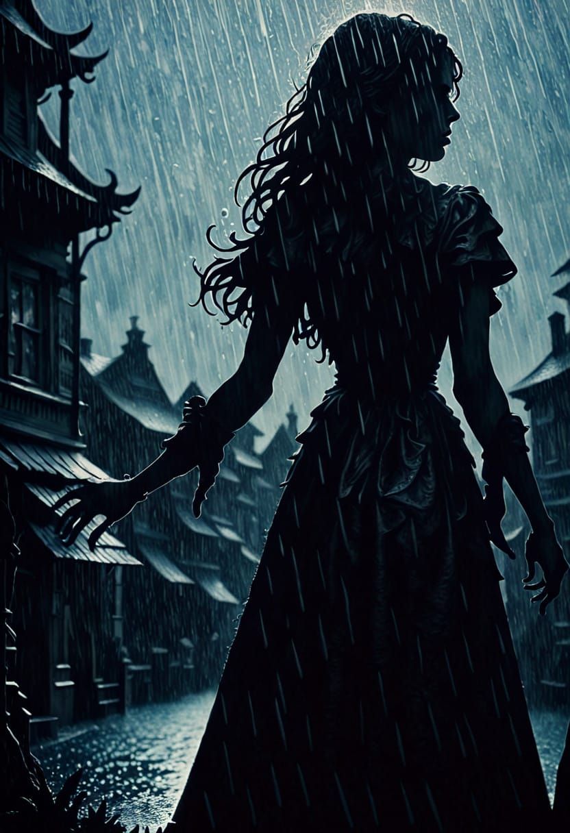 Dark Horror Papercut Scherenschnitte of a Woman in Rain, Emb...