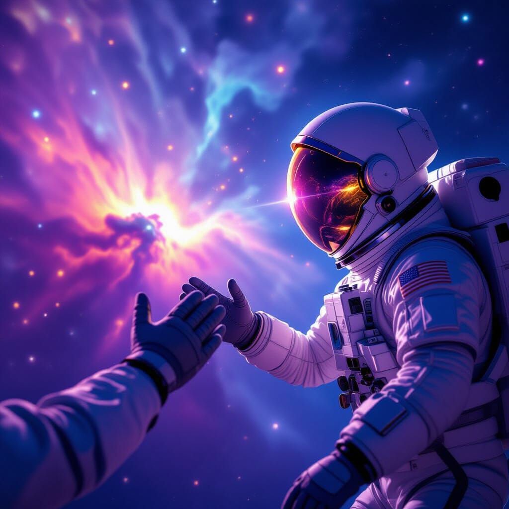 Astronaut Reaches for Bioluminescent Nebula in Cosmic Art