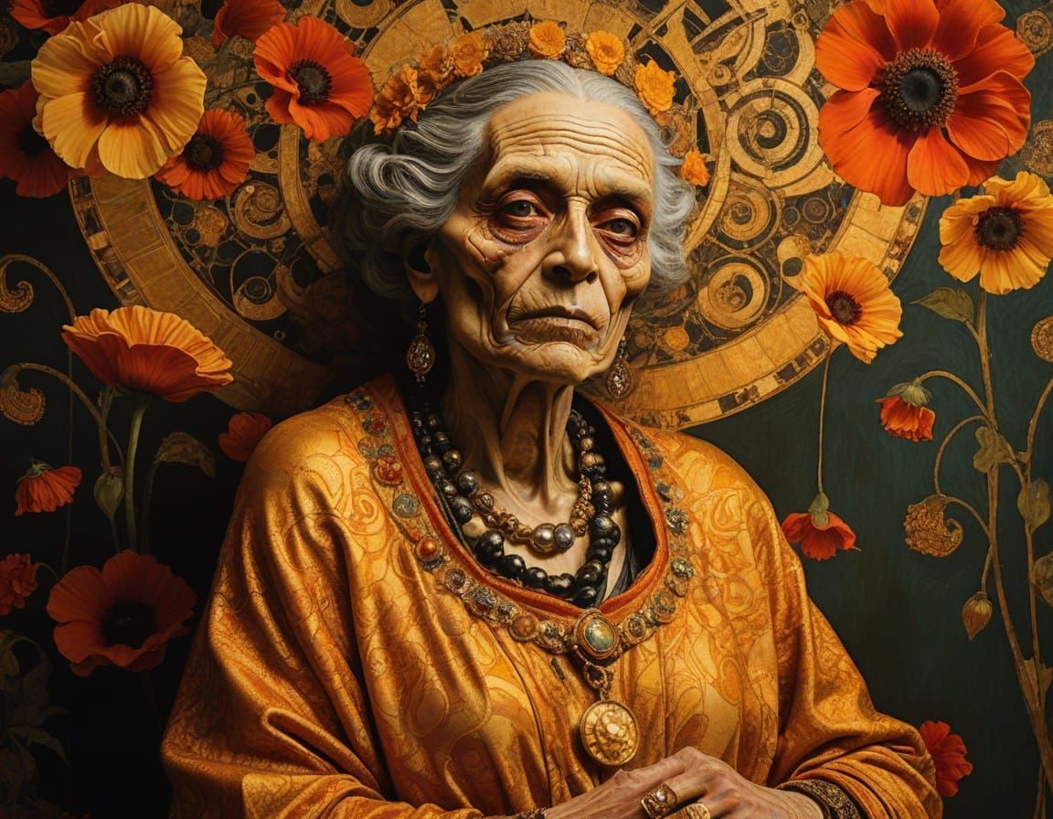 Golden Skull Goddess in Vibrant, Abstract Background