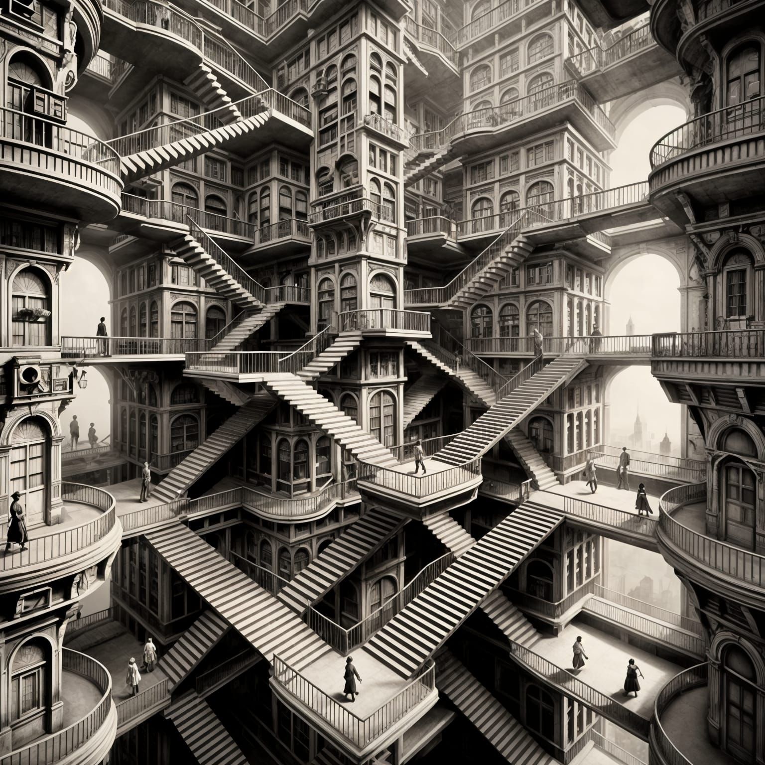 Surreal Cityscape with Impossible Staircases in Sepia Tone