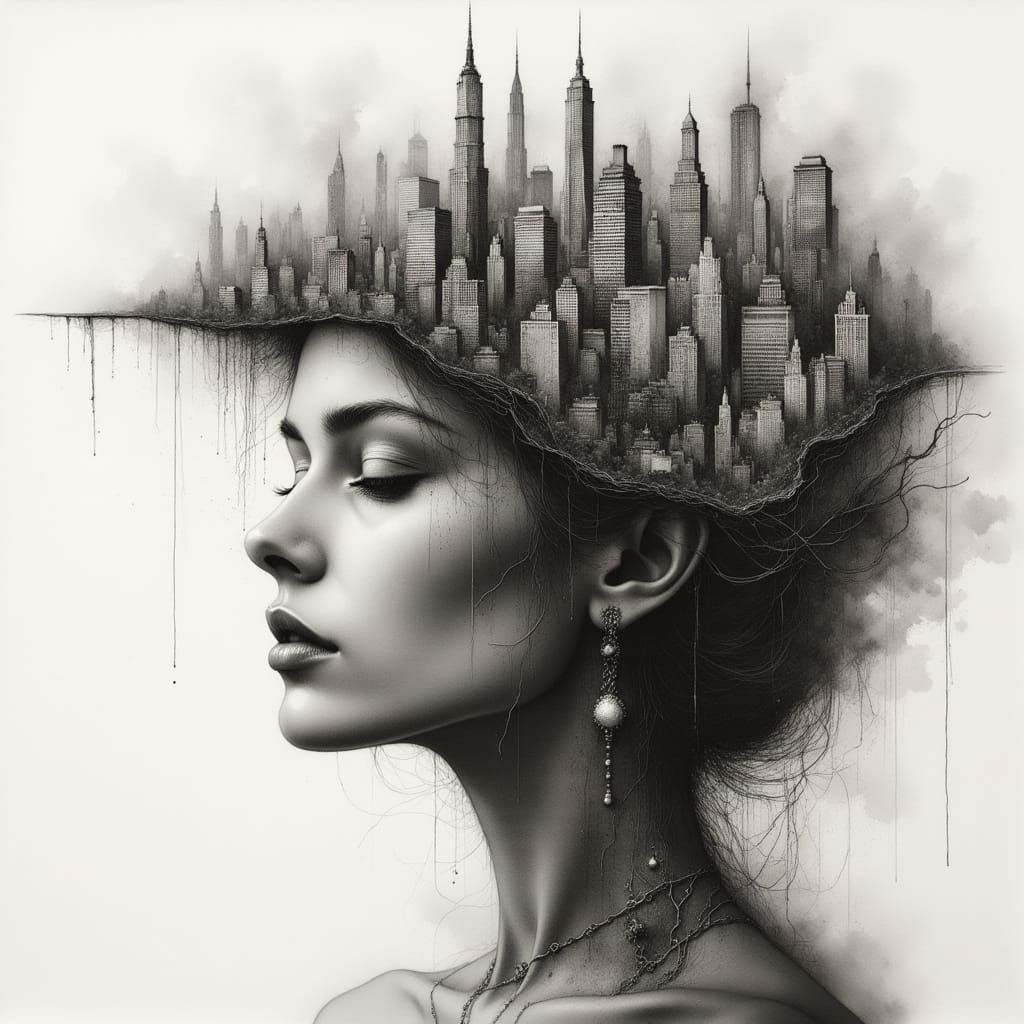 City Skyline Merges With Woman's Face in Grayscale