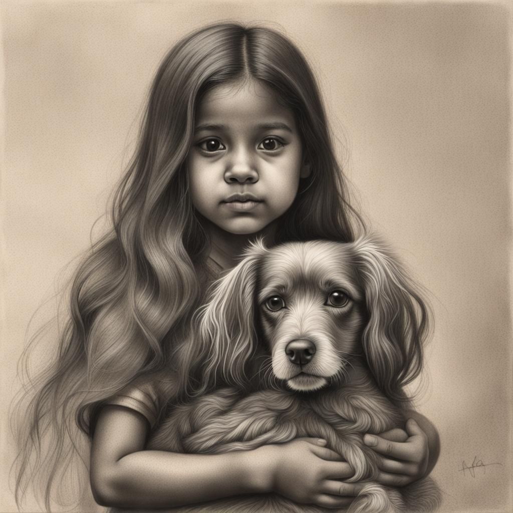 Surreal Charcoal Portrait of Young Girl and Her Faithful Com...