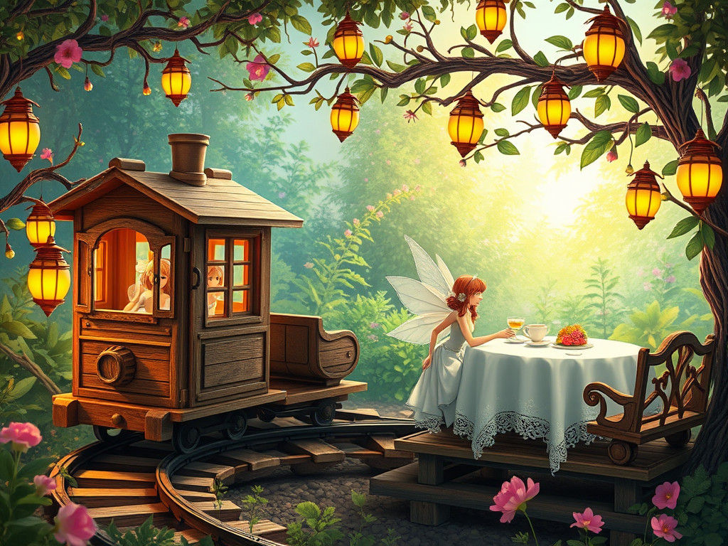 Whimsical Anime Train Garden Scene