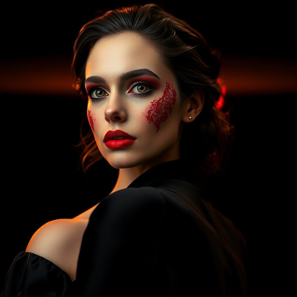 Elegant Woman Stares into the Distance, Captivated by a Gild...