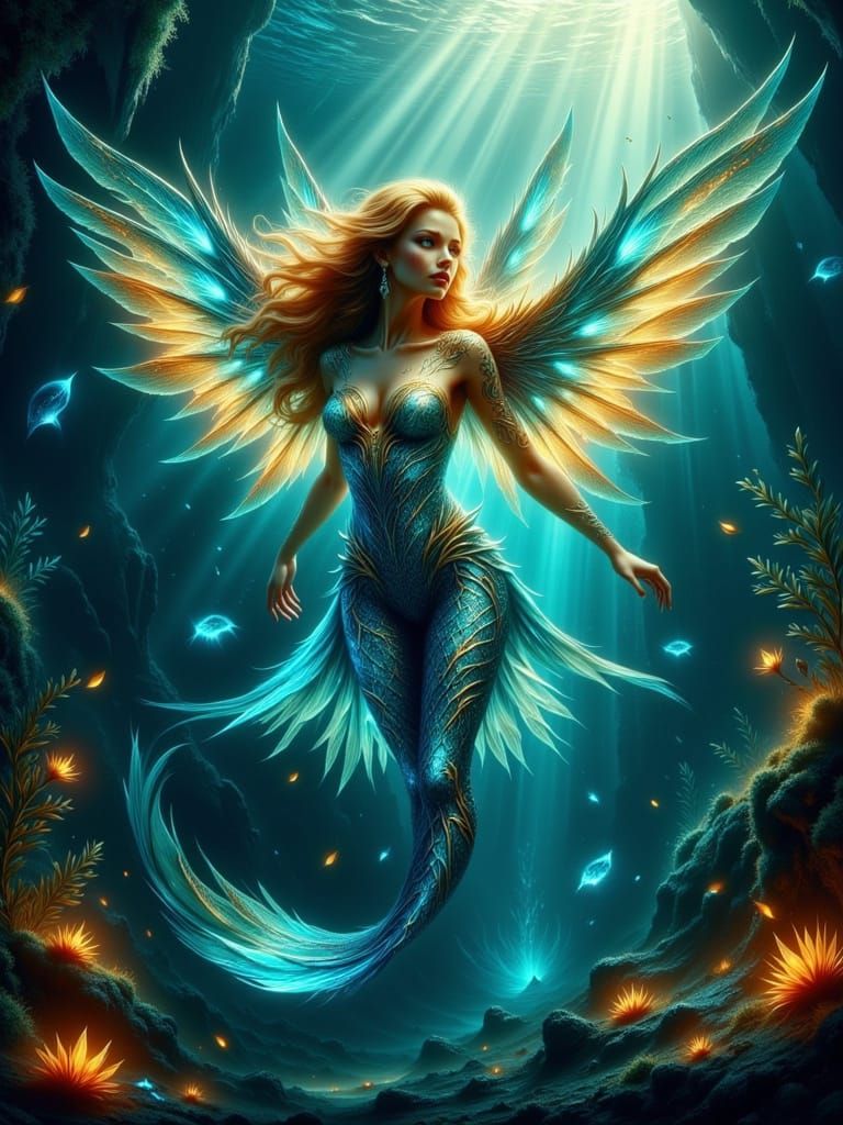 Female winged mermaid. Blue, green and yellow. Set 8n a deep ocean wonderland <lora:Glowing Flex Runes:1.0> <lora:Thrill...