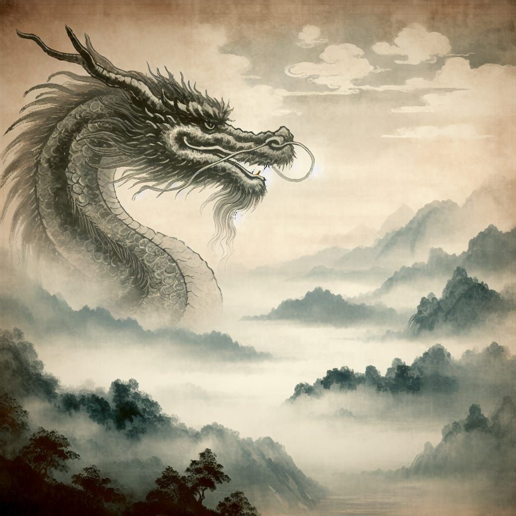 Traditional Chinese Dragon Portrait in Ink Wash Style