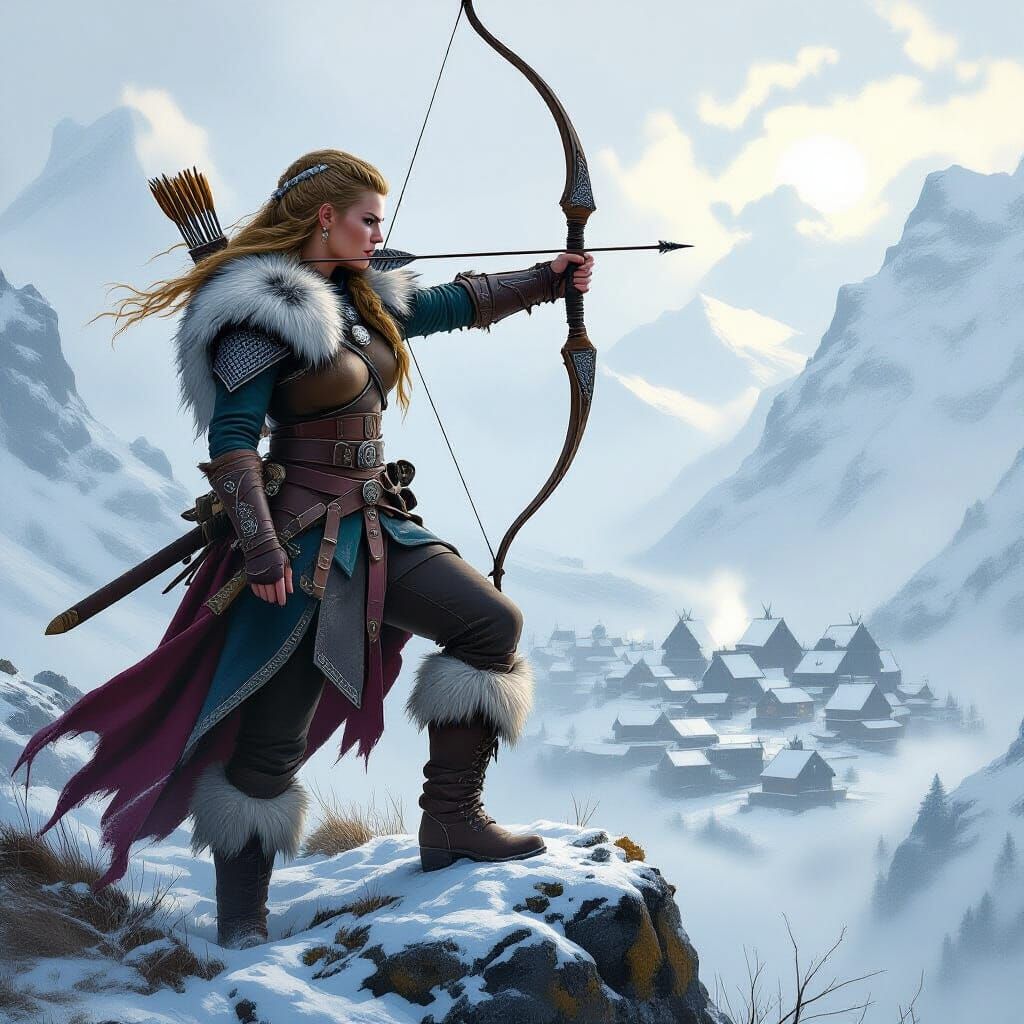 Viking Warrior on Windswept Mountain Ridge