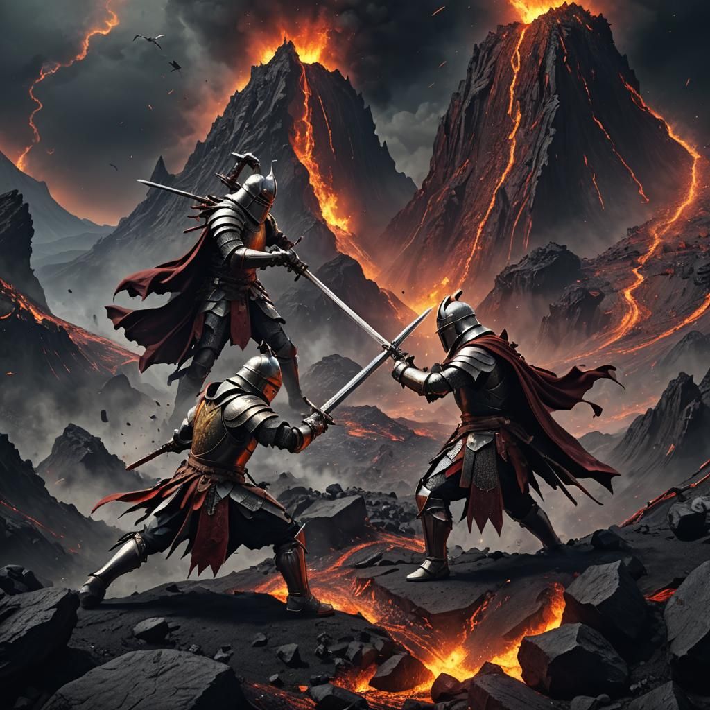 Epic Fantasy Knights Clash Amidst Volcanic Ruins
