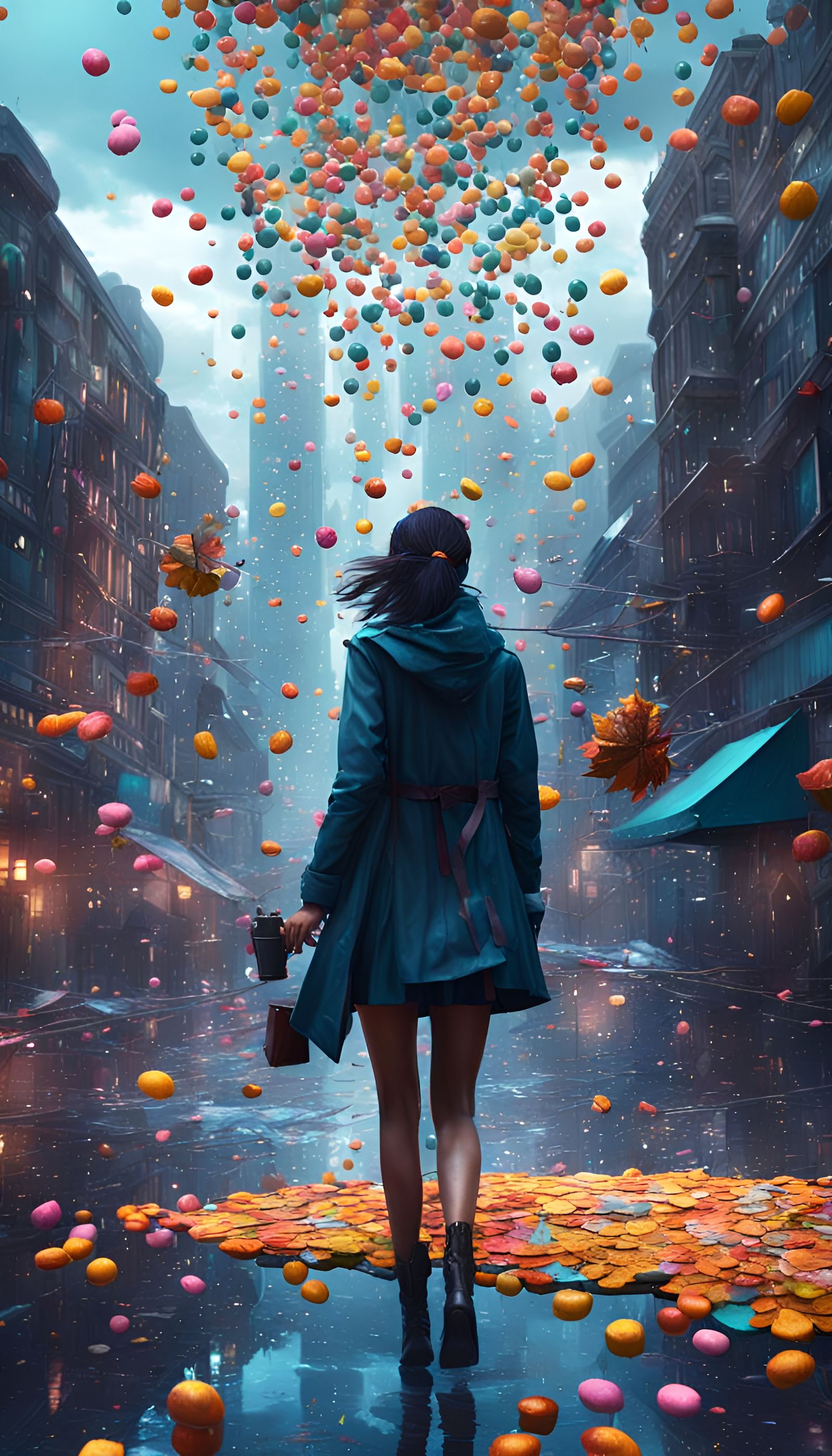 Fantastical Cityscape with Candy Rain