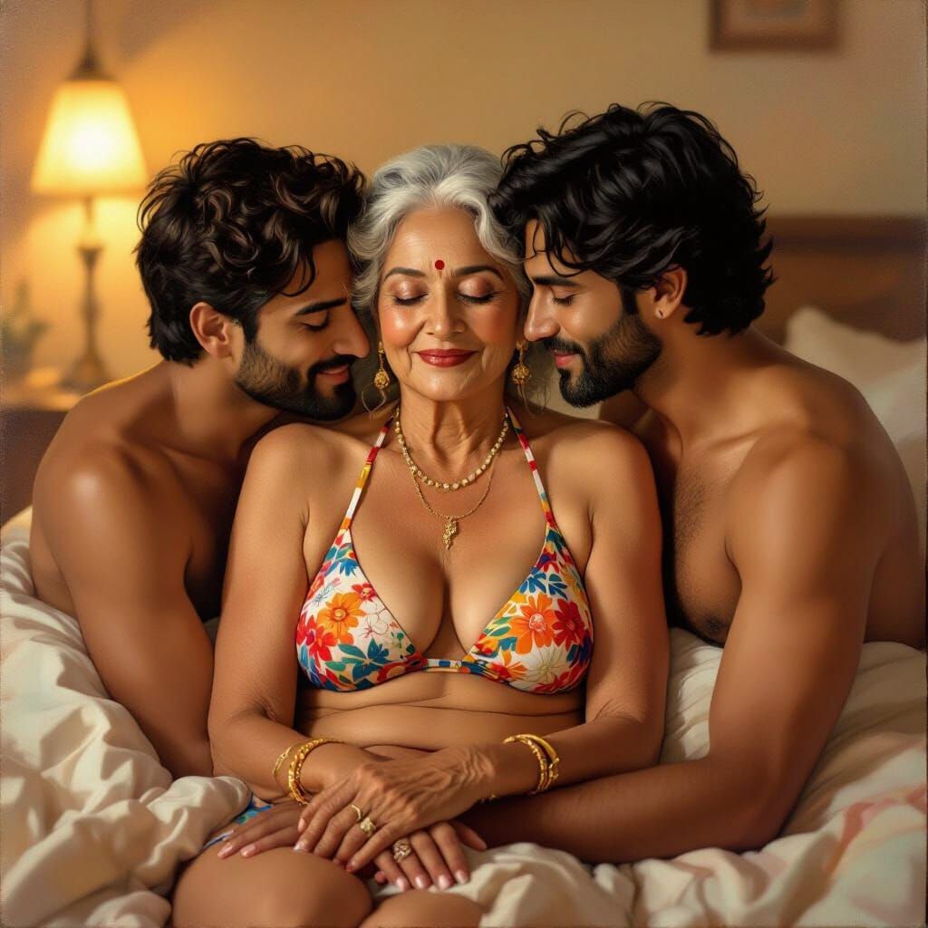 Elderly Woman's Intimate Moment in Warm Bedroom