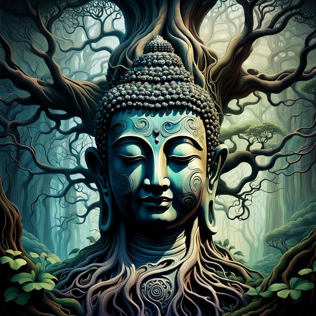 Ethereal Art Nouveau Buddha in a Mystical Forest