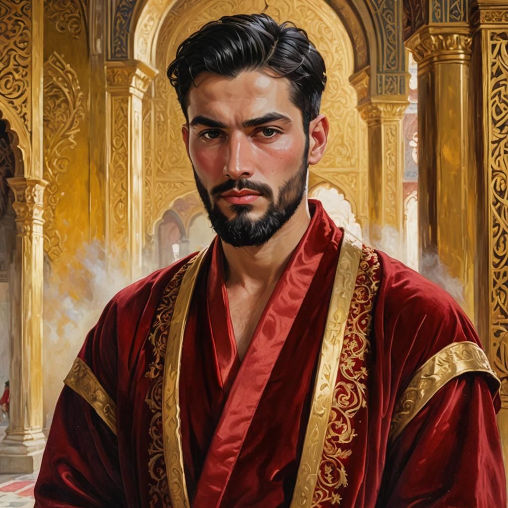 Elegant Man in Red Velvet Bathrobe, Mosque Setting