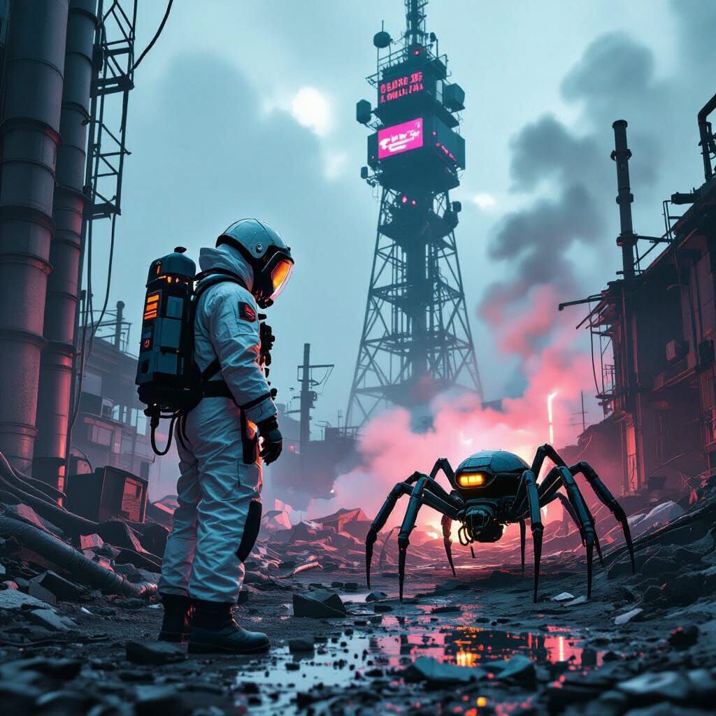 Cyberpunk Nuclear Site with Hazmat Worker