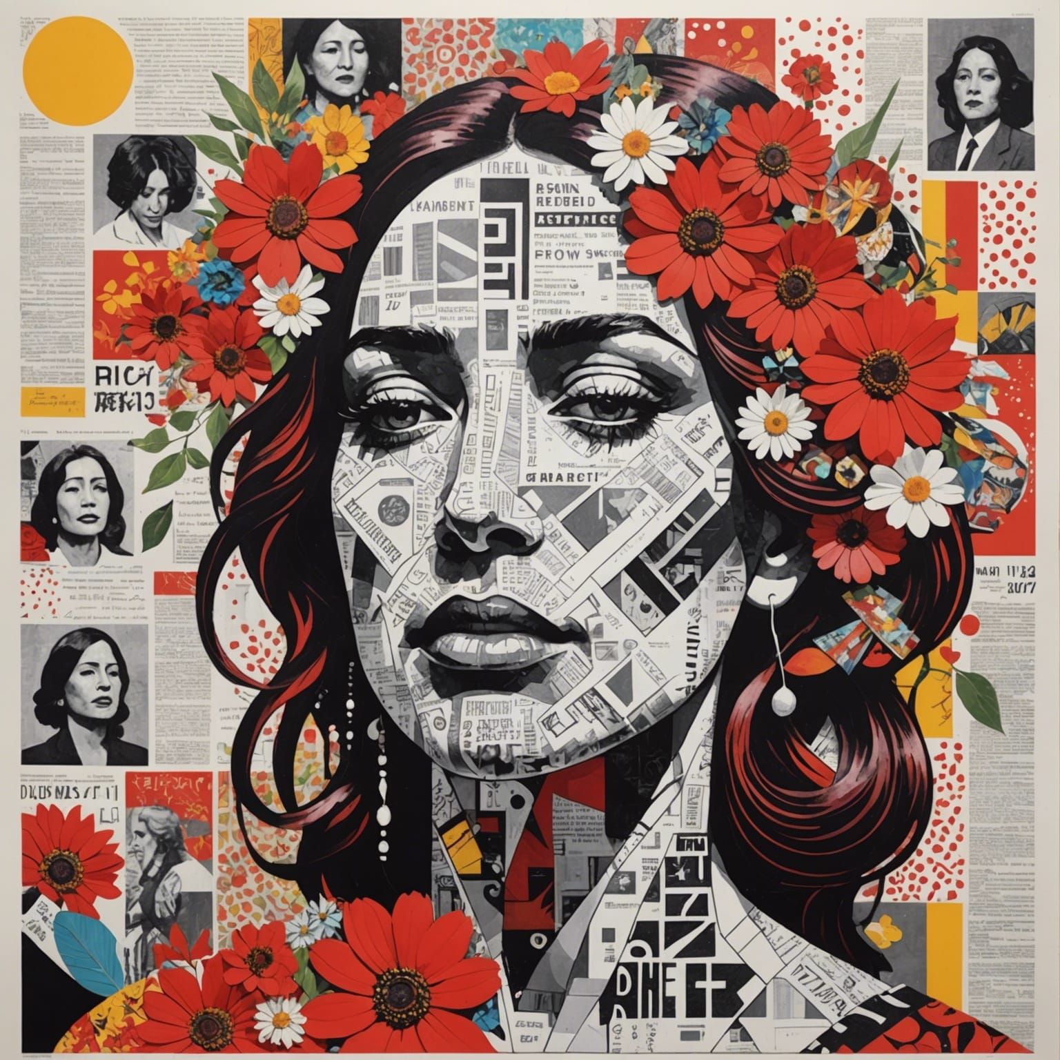 Surreal, Futuristic Collage of Women in Red, Sunshine, and P...