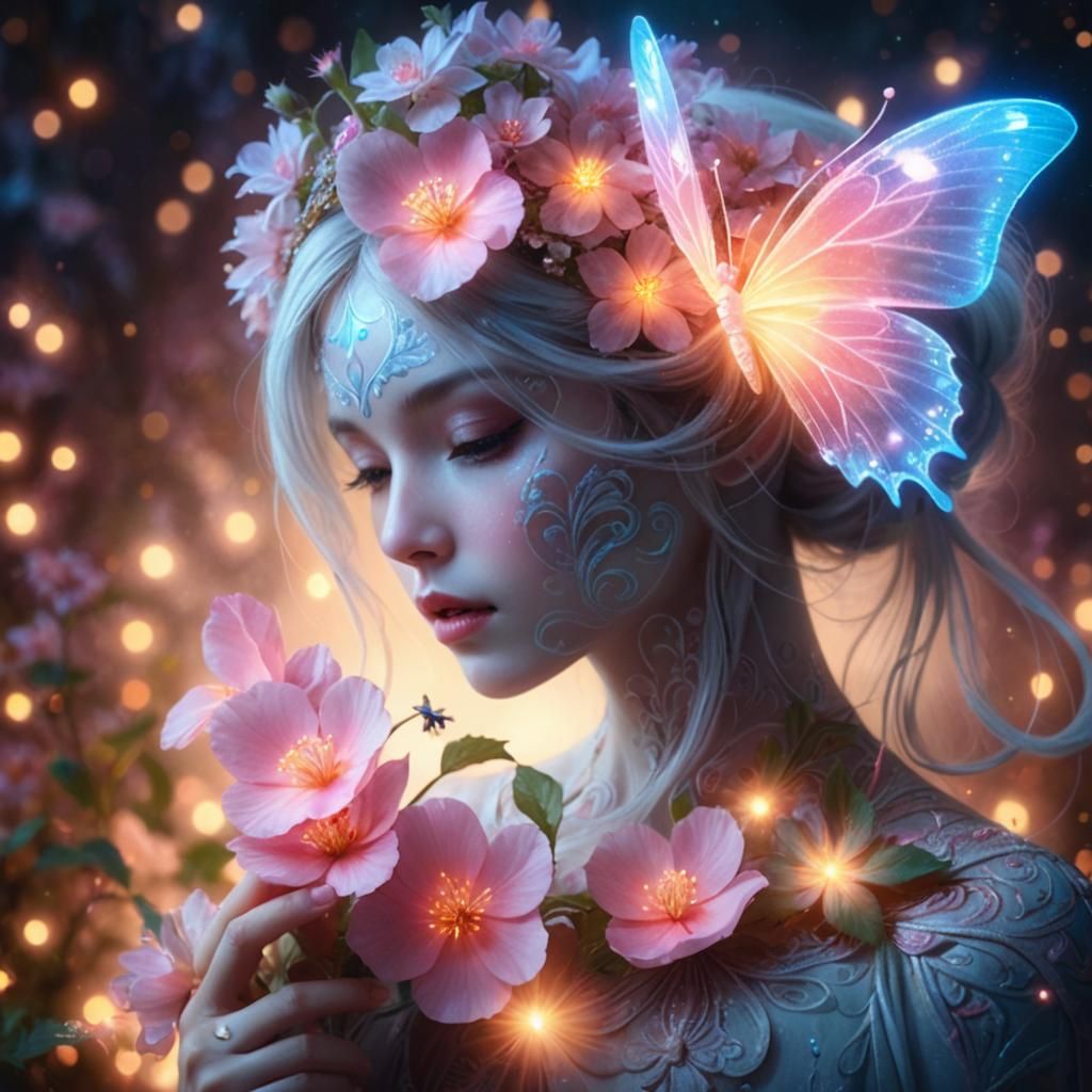 Ethereal Goddess with Starlight Hair and Butterfly Headpiece