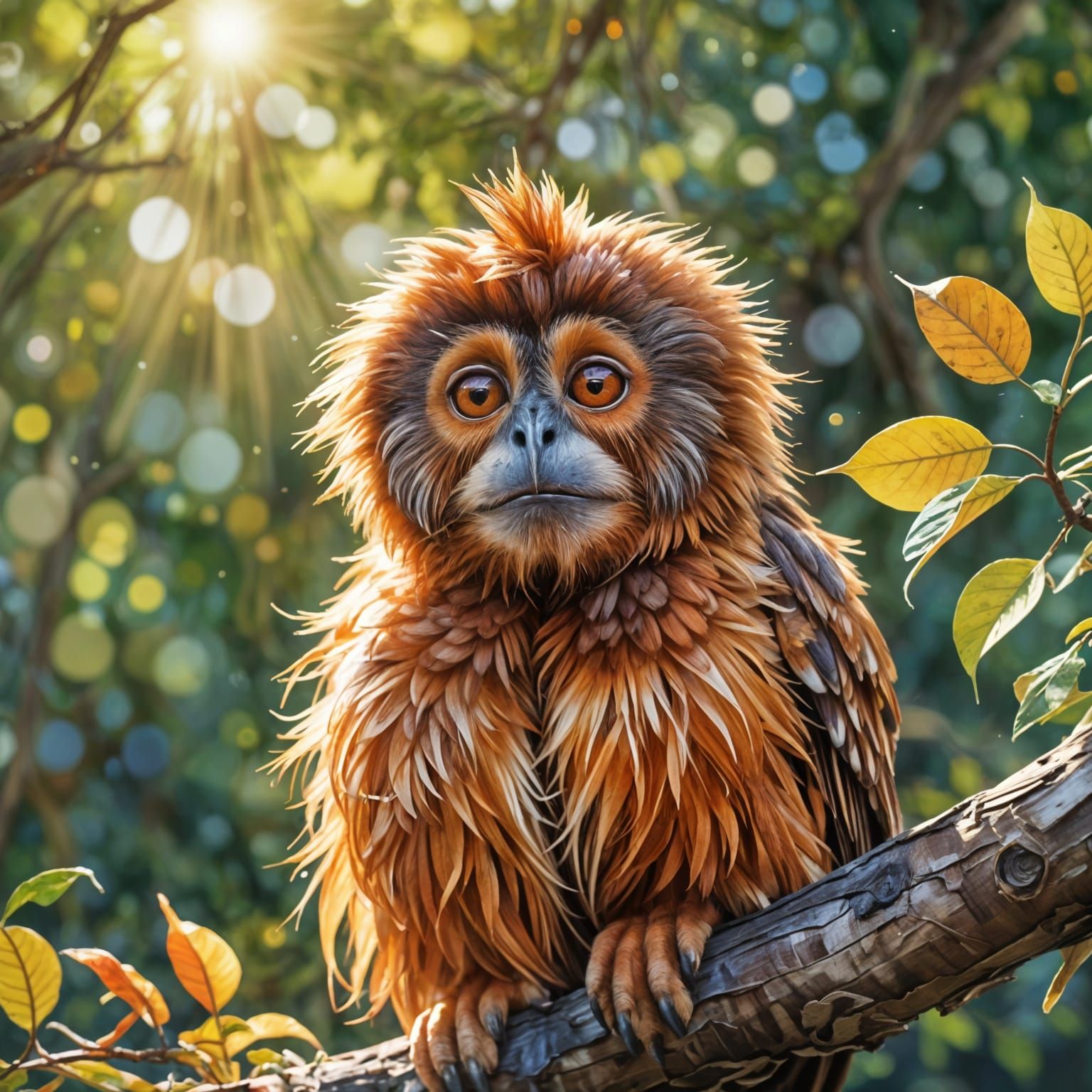 Vibrant Orangutan Owl in Triadic Harmony