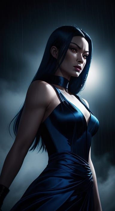 Psylocke in Dark Blue Satin Dress, Moonlight Photoshoot