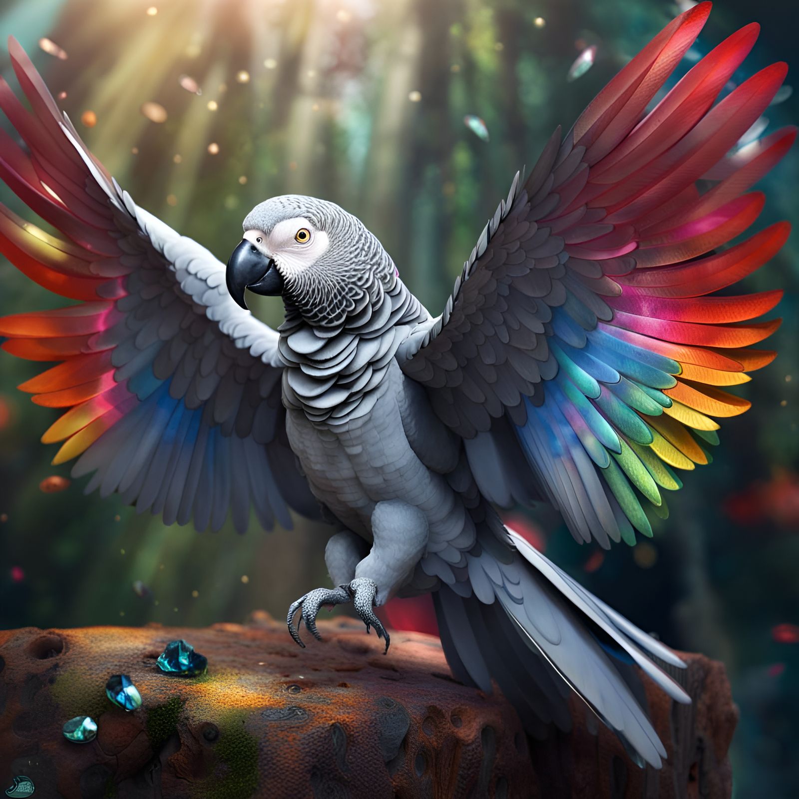 Vibrant African Grey Parrot Unfolds in a Sparkling Forest Re...