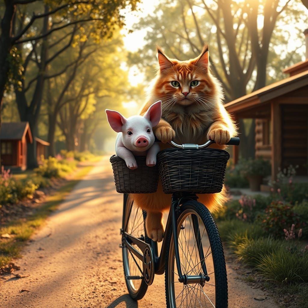 Realistic Anthropomorphic Cat Riding Bicycle in Whimsical La...