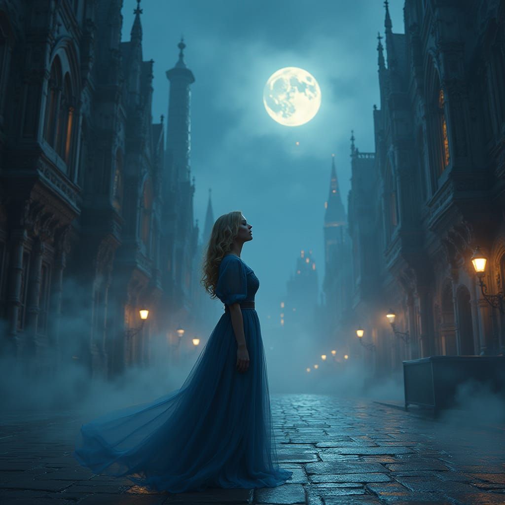 Mystical Singer in Moonlit Tottenham Cityscape