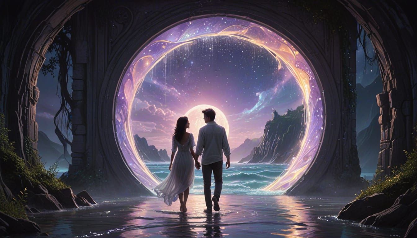Romantic Couple Enters Mystical Swirling Portal