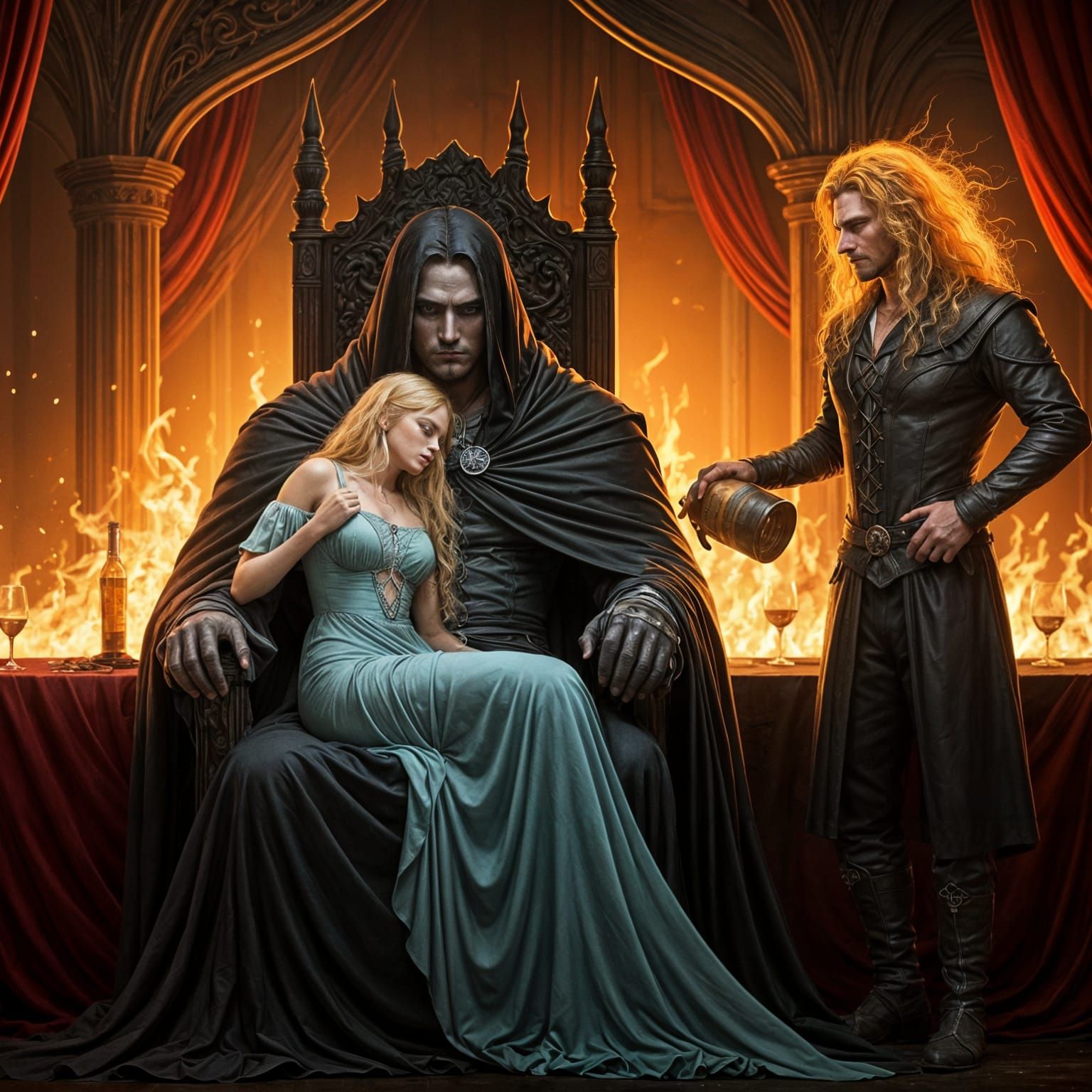 Dark Giant Celebrates with Fiery Man and Blonde