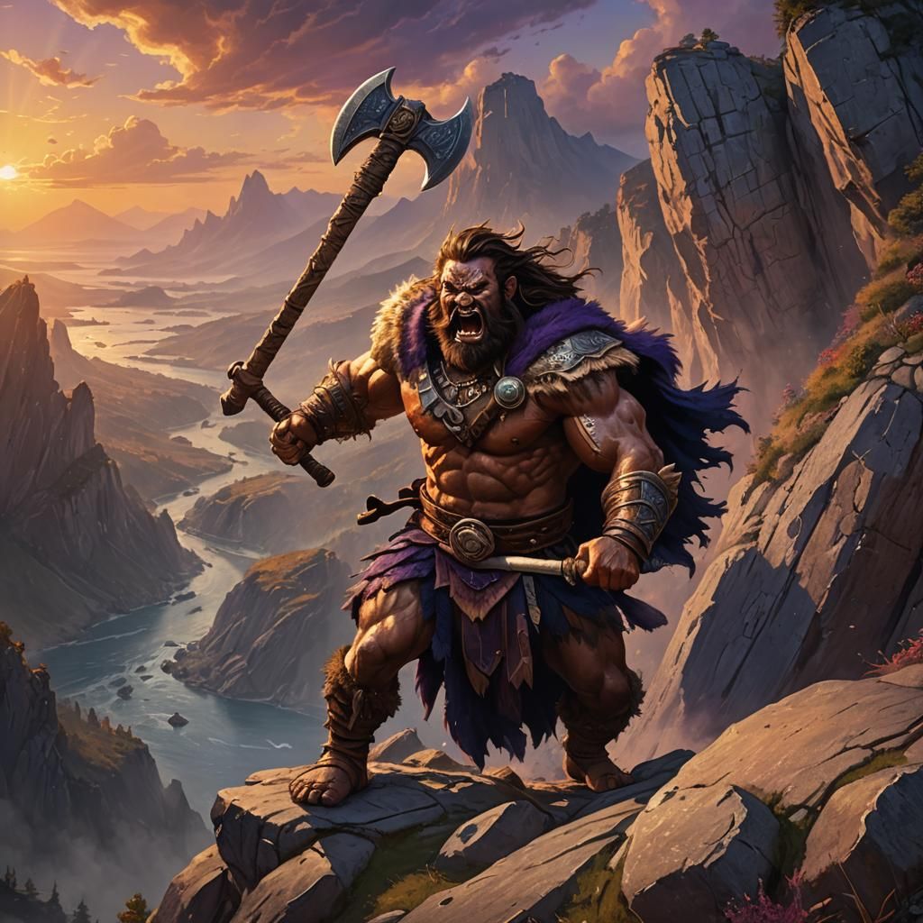 Barbarian Warrior Under Sunset in Epic Fantasy Style