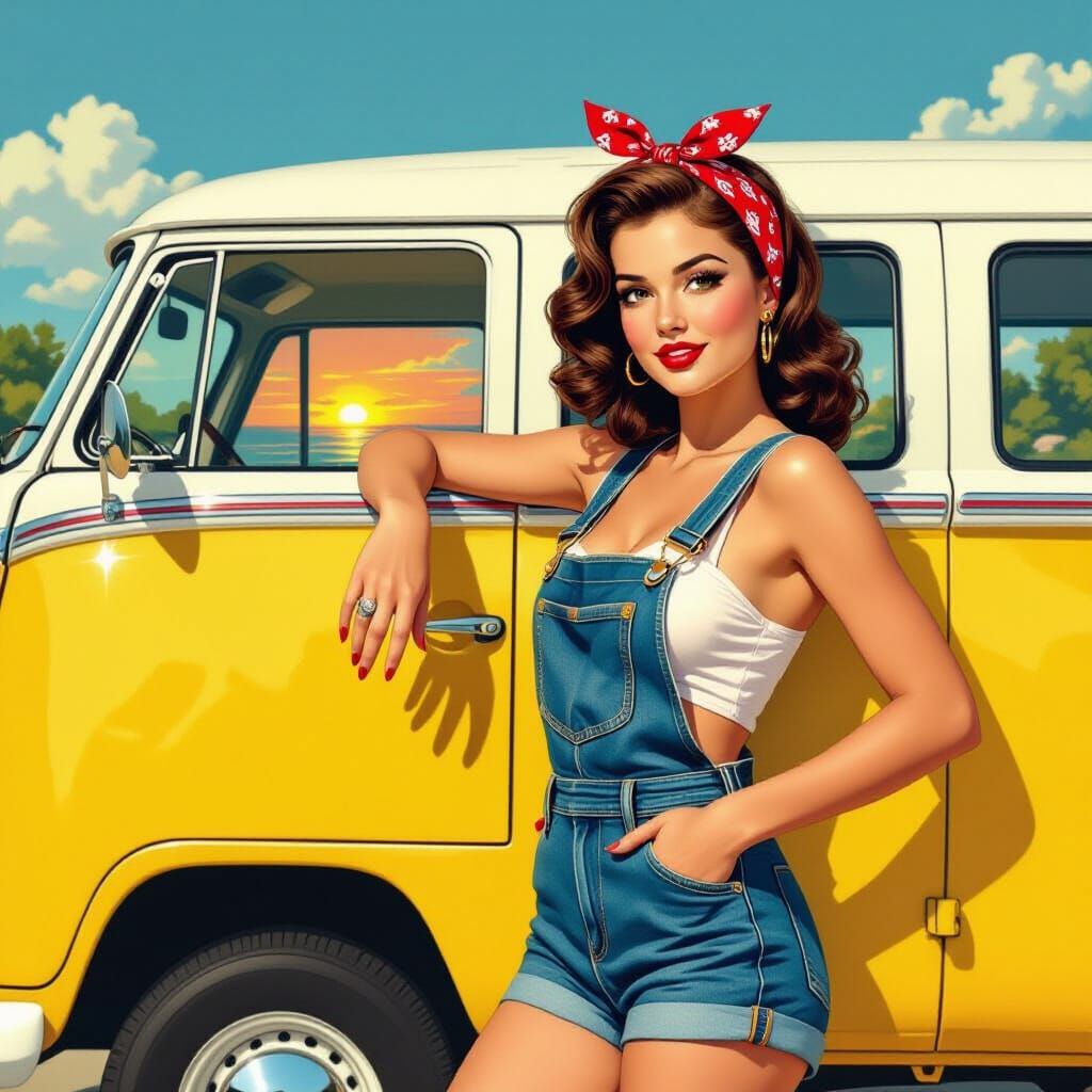 Retro Pin-Up Woman Leans on Vintage Yellow Van