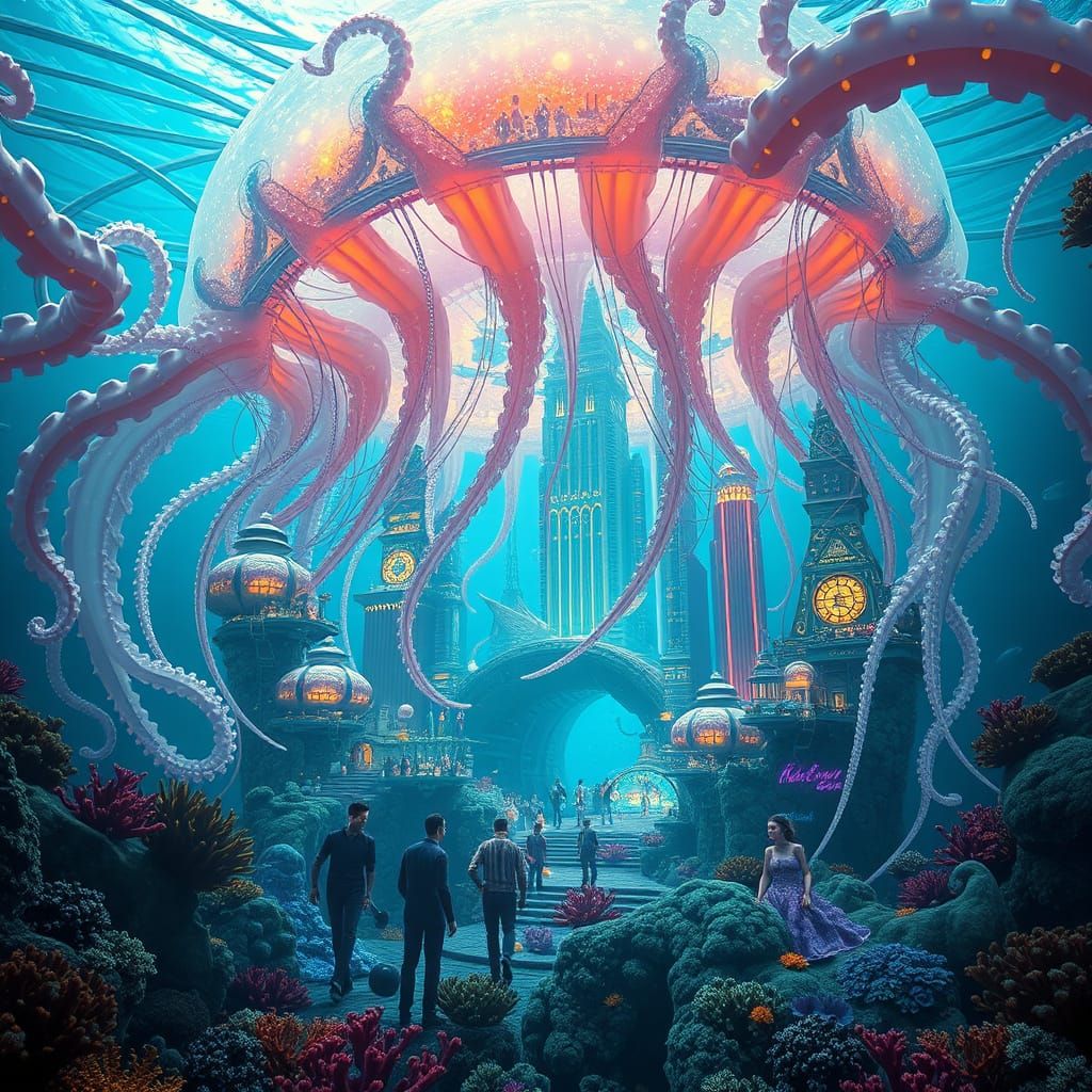 Bustling Bioluminescent Underwater City in Jellyfish