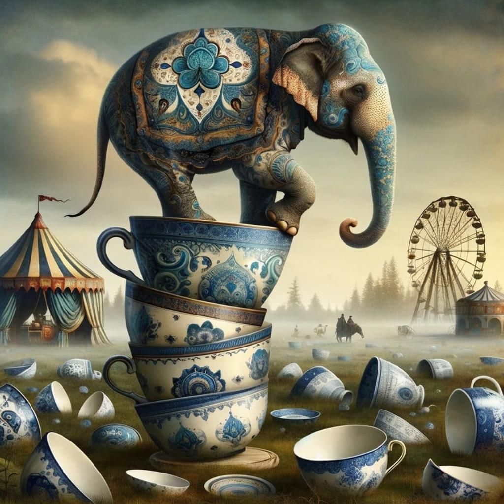 Elephant Balances on Teacups in a Dreamlike Circus Scene