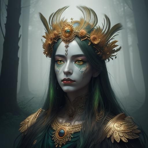 Golden Goddess in Ancient Mystical Forest