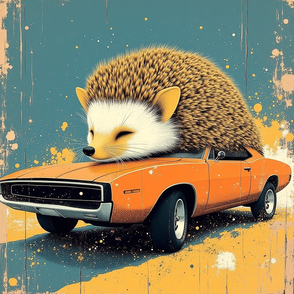 Hedgehog in Plymouth Muscle Car, Pop Art Style